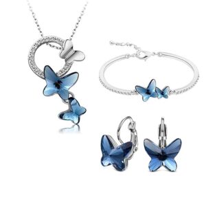 Italian Designer Platinum Plated Crystal Butterfly Earrings Chain Pendant Necklace Combo Jewellery Set