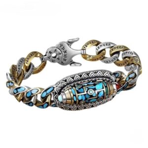 TURQUOISE NINE-EYED DZI – 12mm Pure Copper Bracelet with Box Clasp for Men & Boys (8 inch)