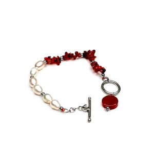 Red Carnelian & Freshwater Pearl Raw Bracelet for Boost Confidence, Elegance & Inner Glow