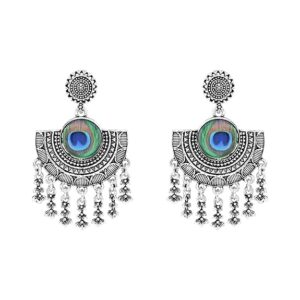 Navratri Ethnic Silver Oxidised Afghani Style Peacock Fether Earrings
