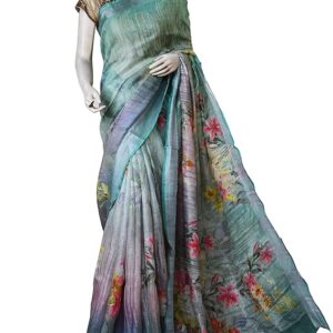 Pure Linen Digital Printed Saree For Women With Unstitched Blouse Piece