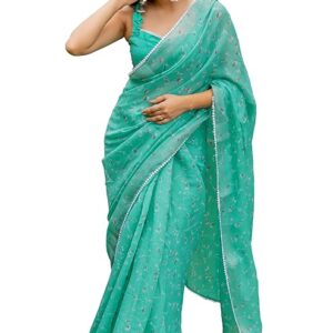 Women's Cotton Blend Floral Printed Saree with Blouse Piece