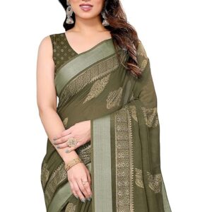 Women's Woven Cotton Blend Saree With Blouse Piece