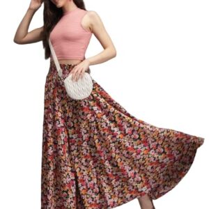 Women Maroon Ethnic Print Cotton Maxi Skirt